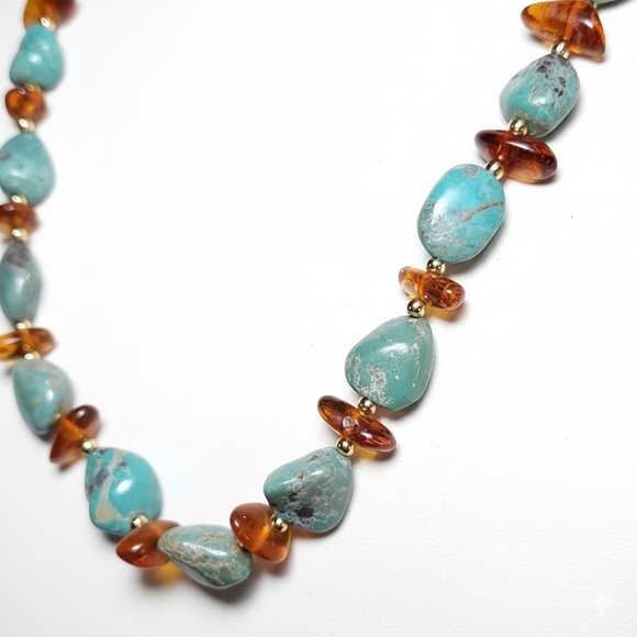 Turquoise Amber 26" Necklace Vintage Gold Plated Natural Gemstone Lobster Clasp - Picture 6 of 8